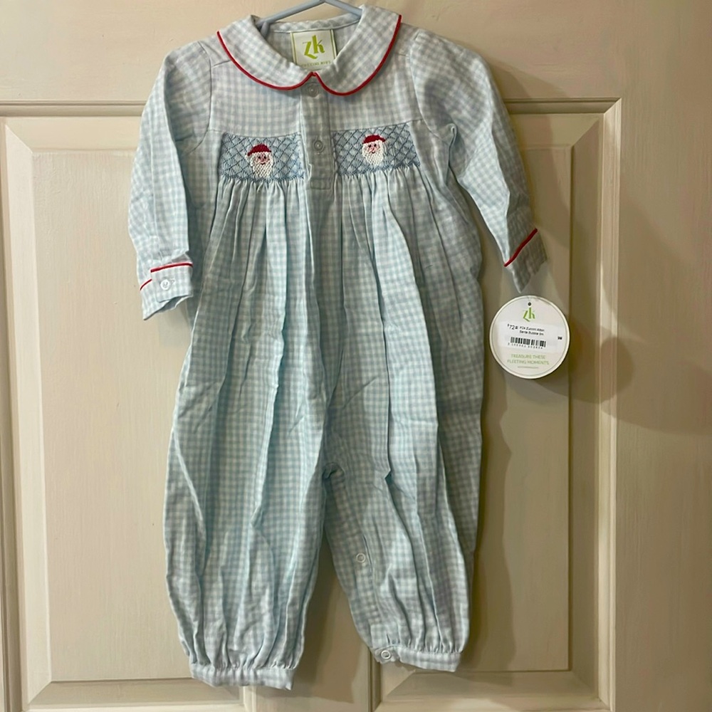 Zuccini Kids smocked Santa face blue gingham baby boy bubble romper.